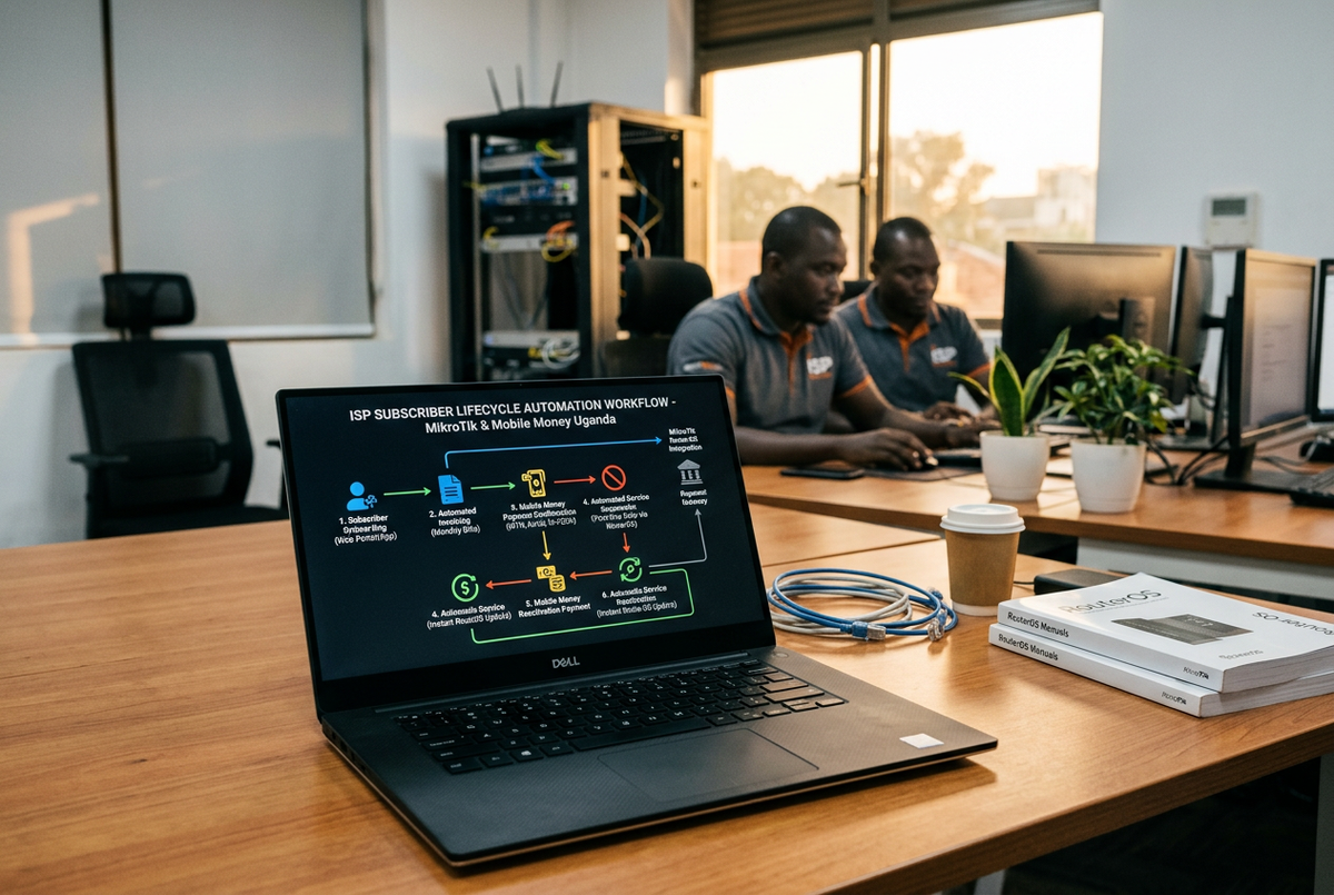 ISP subscriber lifecycle automation workflow on a laptop in a modern East African office showing onboarding, invoicing, mobile money payment, and automatic service suspension and reactivation with MikroTik RouterOS integration