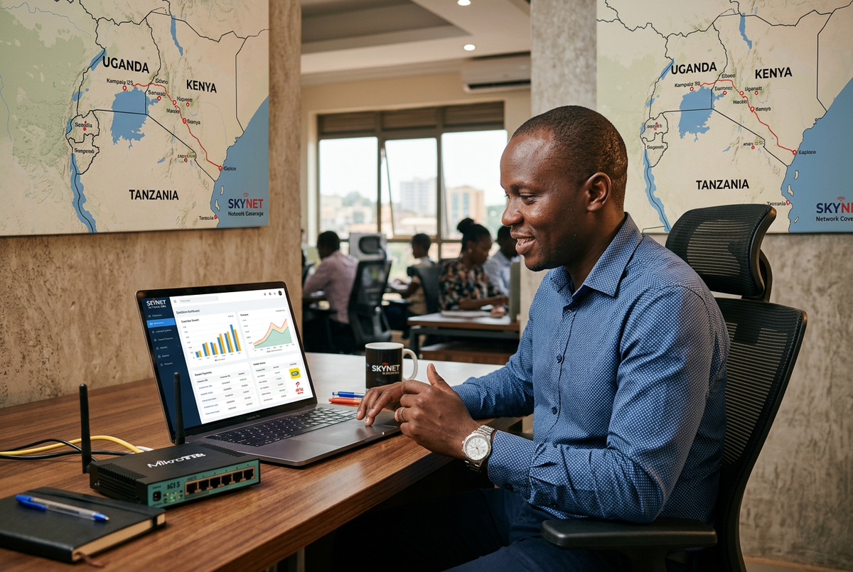 East African ISP entrepreneur reviewing ISP billing software on a laptop showing subscriber charts and mobile money payment data with a MikroTik router on the desk and a map of Uganda, Kenya and Tanzania on the wall