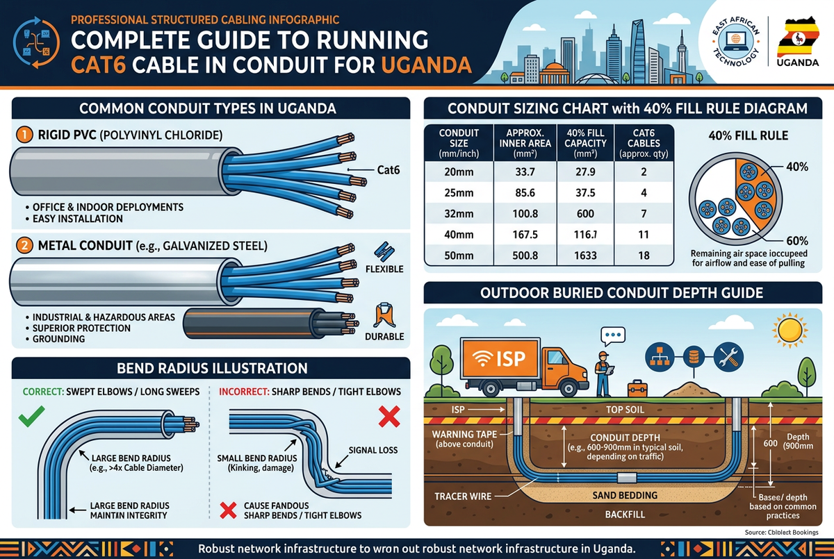 Complete guide to running Cat6 cable in conduit in Uganda — PVC, metal and HDPE conduit types, 40% fill rule, bend radius, and buried conduit depth guide for office and ISP deployments