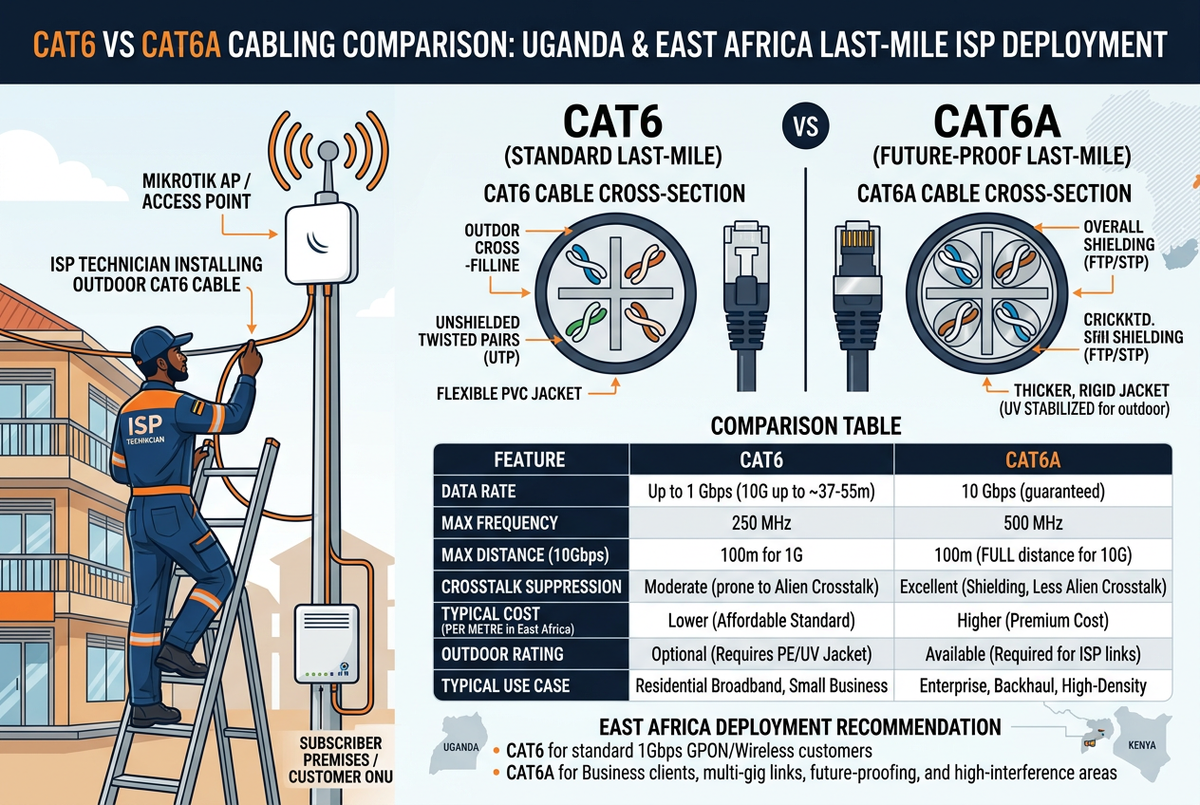 Cat6 vs Cat6A cabling comparison for ISP last-mile installations in Uganda and East Africa — distance limits, frequency ratings, outdoor rating and cost per metre guide