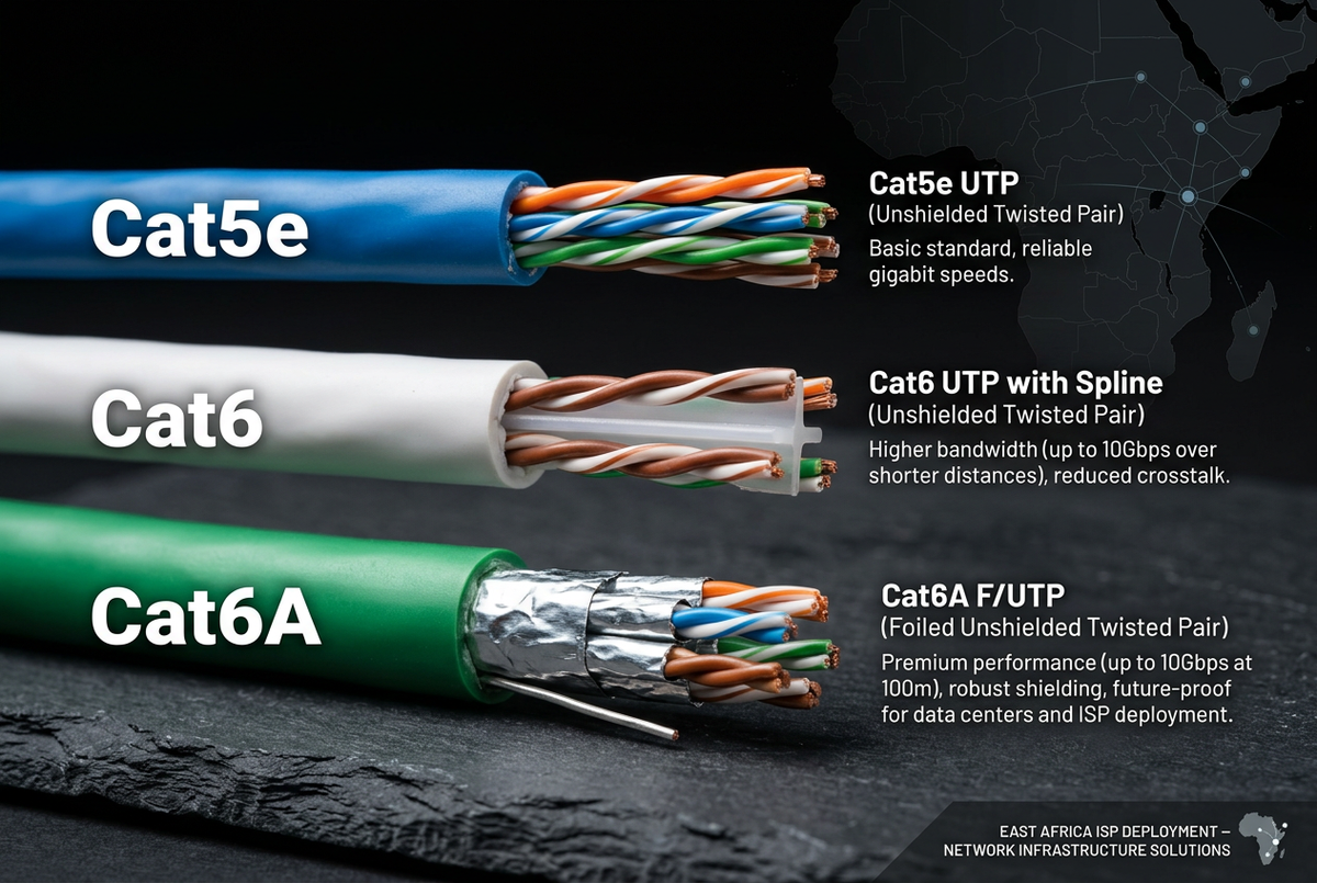 Cat5e, Cat6, and Cat6A ethernet cables side by side showing cross-section comparison for ISP network cabling in Uganda