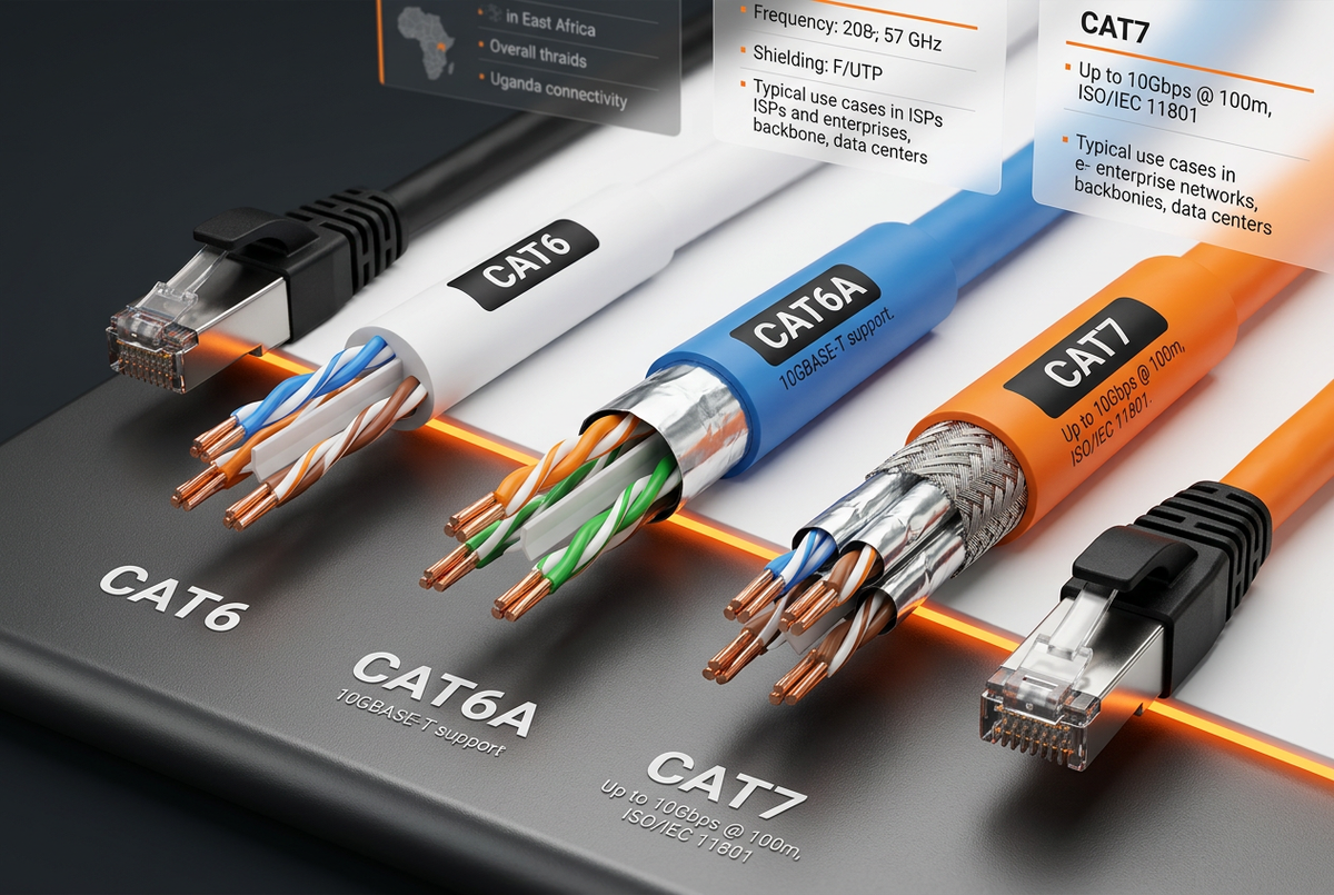Cat6 vs Cat6A vs Cat7 ethernet cable comparison for ISP and enterprise networks in Uganda and East Africa — three cables side by side showing conductor pairs and shielding differences