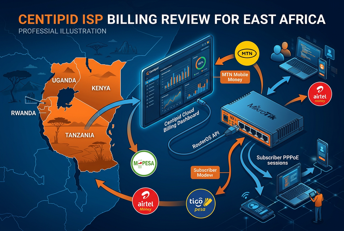 Centipid ISP billing review for East Africa — MikroTik hEX S router connected to Centipid cloud dashboard via RouterOS API with MTN Mobile Money, M-Pesa, Airtel Money and Tigo Pesa icons, East Africa map highlighting Uganda, Kenya, Tanzania and Rwanda