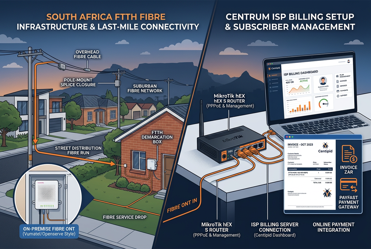Centipid ISP billing setup for South Africa FTTH resellers and fixed wireless WISPs — MikroTik hEX S router connected to Centipid billing dashboard with ZAR invoicing and PayFast payment gateway, South African suburban neighbourhood with fibre ONT