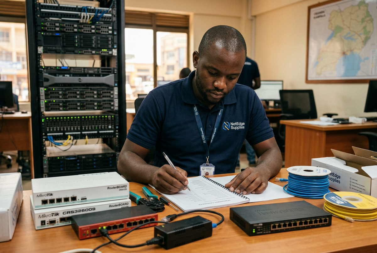 Ugandan ISP technician reviewing equipment checklist with MikroTik routers, fibre and CAT6 cable drums, PoE injector, and rack server in a Kampala network operations office — NetEdge Supplies