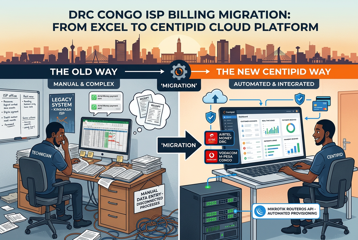 DRC Congo ISP billing migration from Excel to Centipid — Kinshasa ISP technician transitioning from manual Excel and WhatsApp billing to Centipid cloud dashboard with Airtel Money DRC and Vodacom M-Pesa Congo payment integration and MikroTik RouterOS API