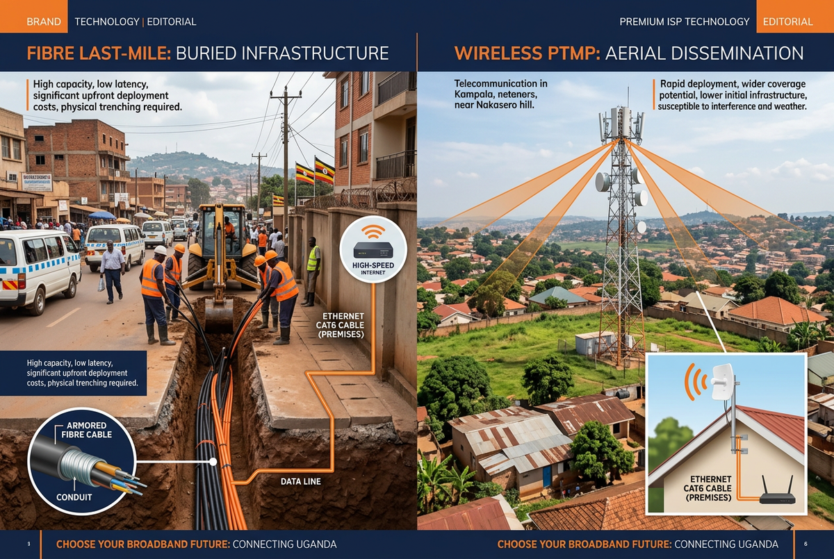 Fibre vs wireless last-mile connectivity comparison for ISPs in Uganda — fibre optic trench installation vs PTMP wireless tower with subscriber CPE in a Ugandan urban and suburban ISP network context