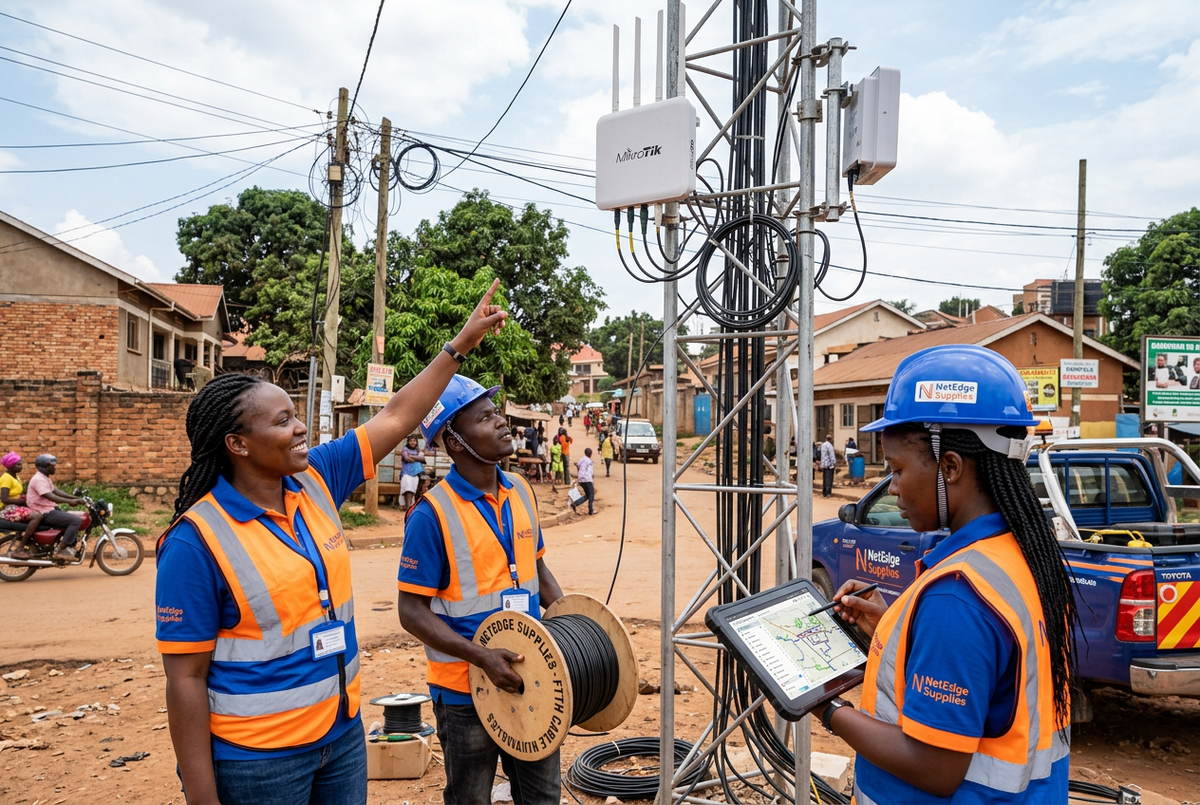 Three Ugandan ISP field technicians — two women and one man — on a Kampala installation site with a MikroTik wireless tower, FTTH fibre drop cable drum, and network diagram tablet, comparing FTTH and WISP deployment — NetEdge Supplies