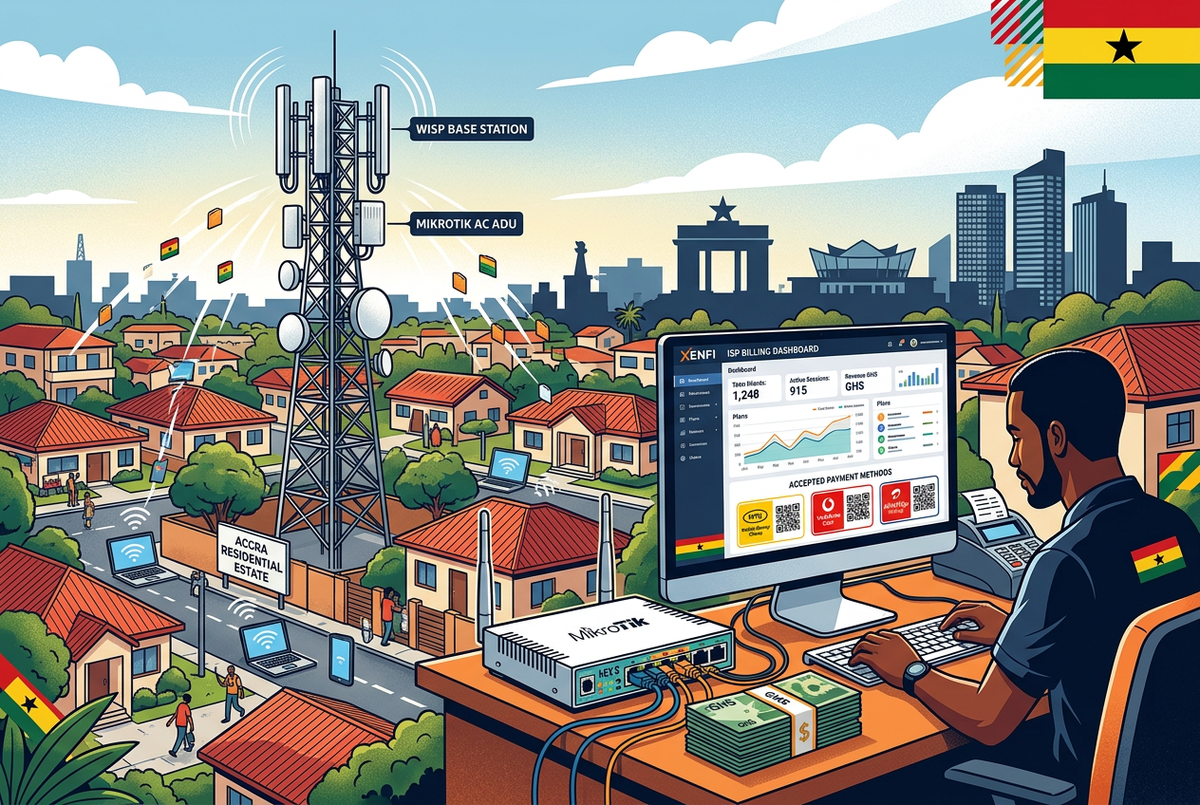 Ghana WISP business plan for Accra — MikroTik base station with Xenfi billing and MTN MoMo Ghana, Vodafone Cash and AirtelTigo Money payments in GHS