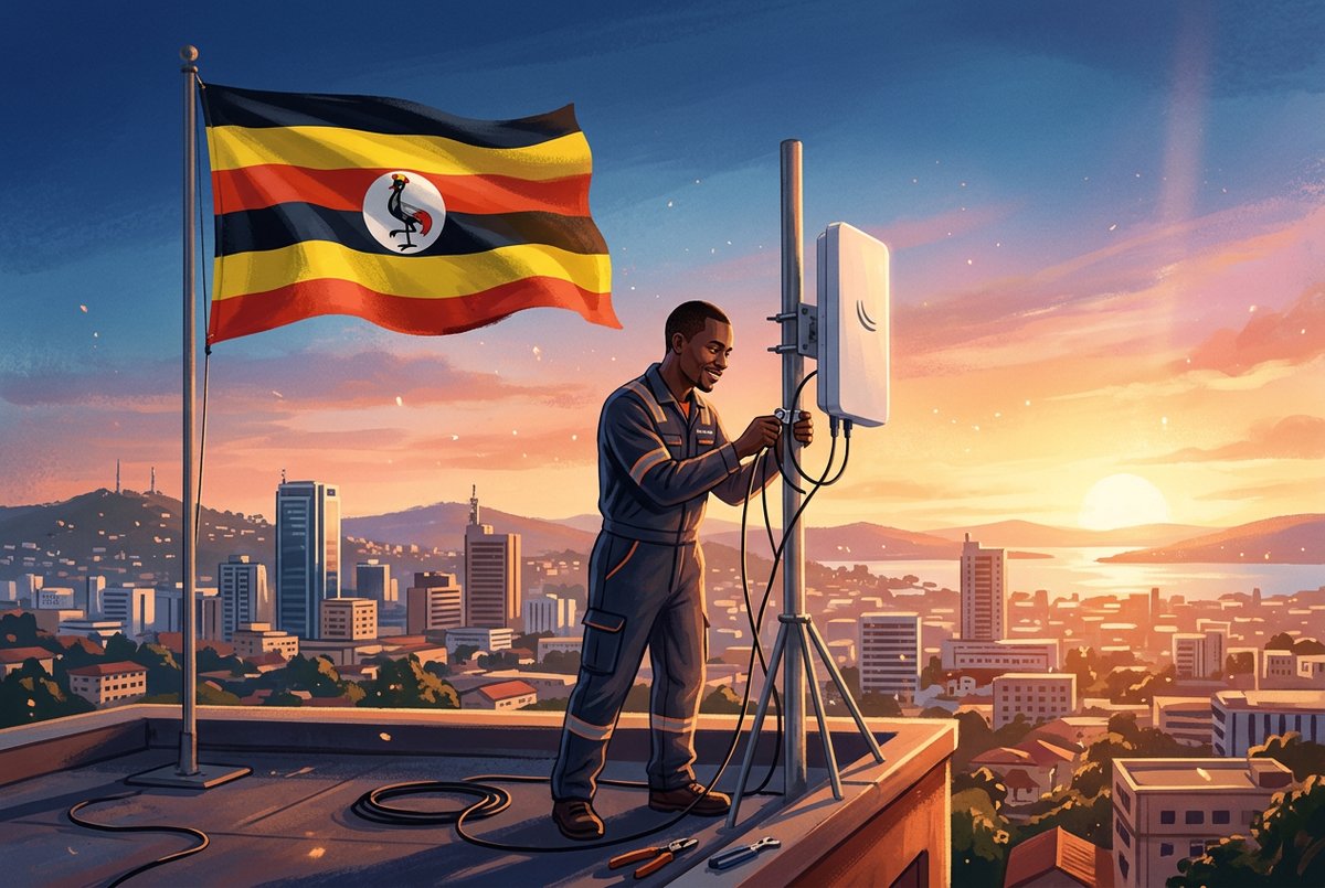 Happy Independence Day Uganda 2026 — Ugandan ISP technician installing a MikroTik wireless antenna on a Kampala rooftop at sunrise with Uganda flag and city skyline, celebrating 64 years of independence and connectivity growth