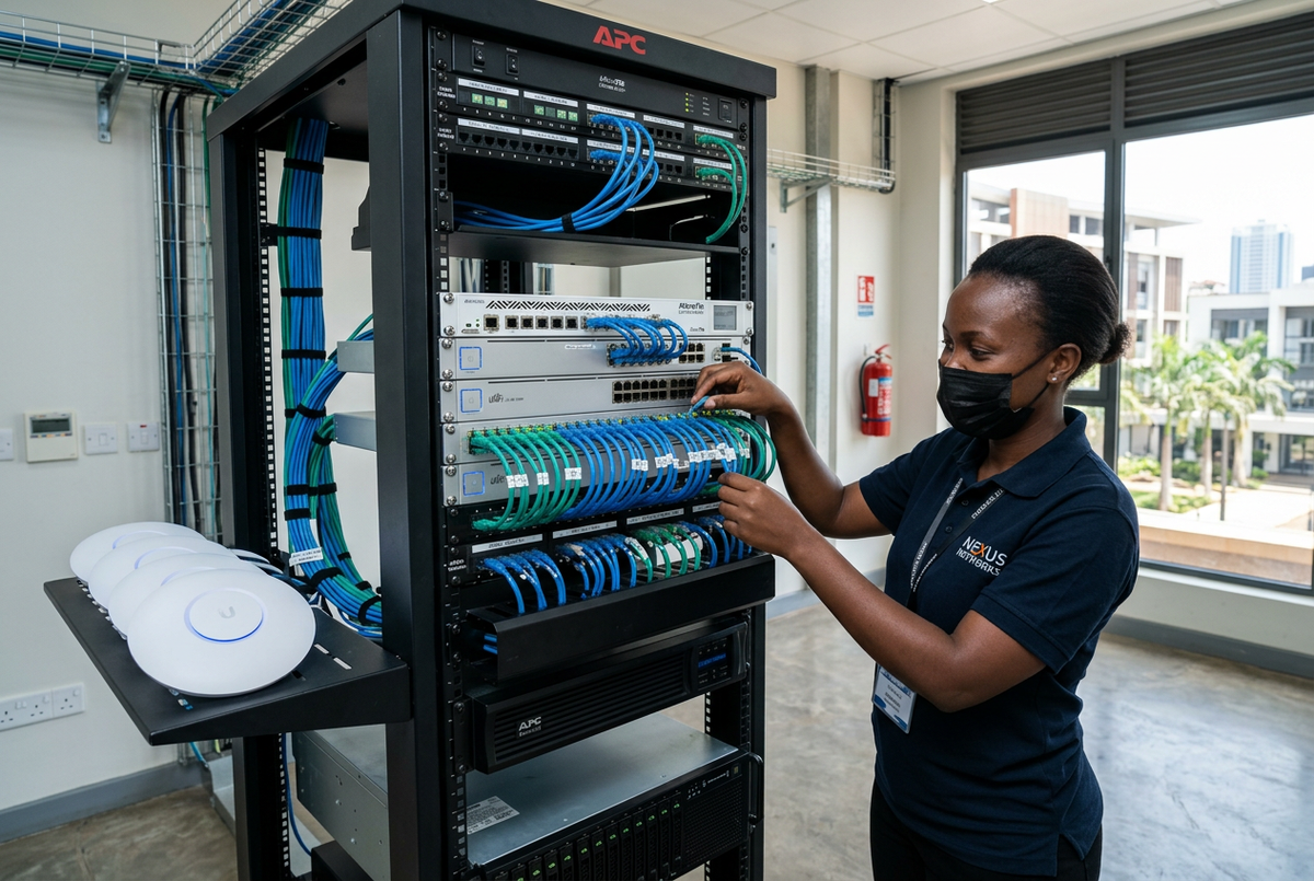 MikroTik router and PoE switch with Cat6 ethernet cables in a professional network room for a hotel hotspot billing system in Uganda