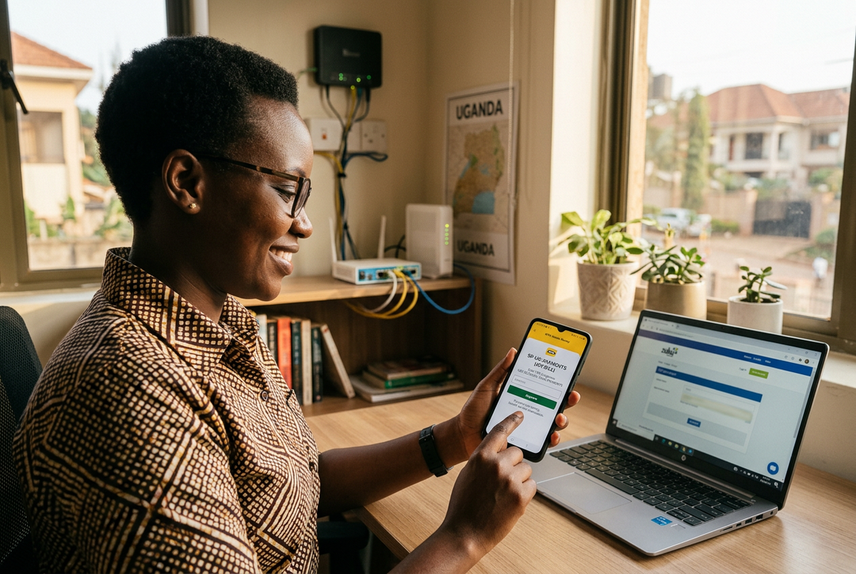 Ugandan ISP subscriber making a mobile money payment on a smartphone with MTN or Airtel Mobile Money interface visible and a MikroTik router in the background of a modern East African office