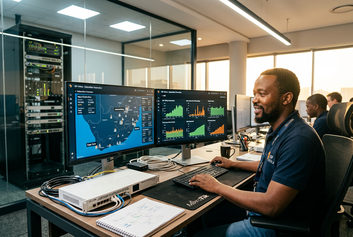 South African ISP engineer reviewing subscriber management dashboards on dual monitors showing SA city maps, with MikroTik routers and server rack in background
