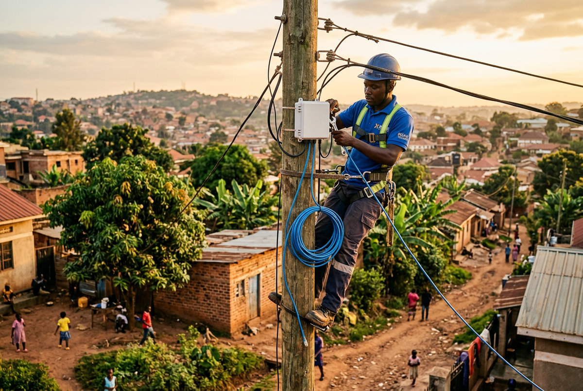 ISP field technician installing Cat6 cable on a utility pole in a Ugandan residential neighbourhood for last-mile internet infrastructure