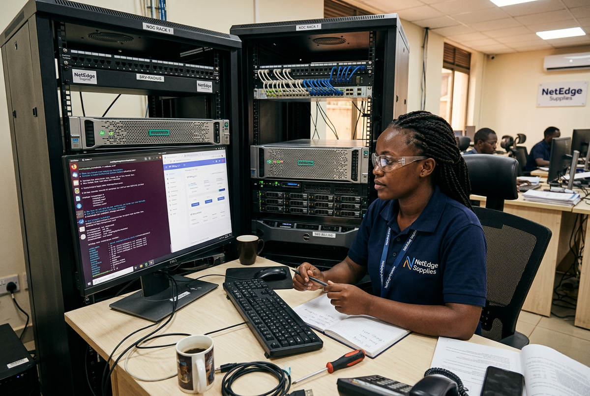 Ugandan ISP technician configuring FreeRADIUS and billing software in a Kampala network operations office with HP ProLiant and Dell PowerEdge rack servers — NetEdge Supplies