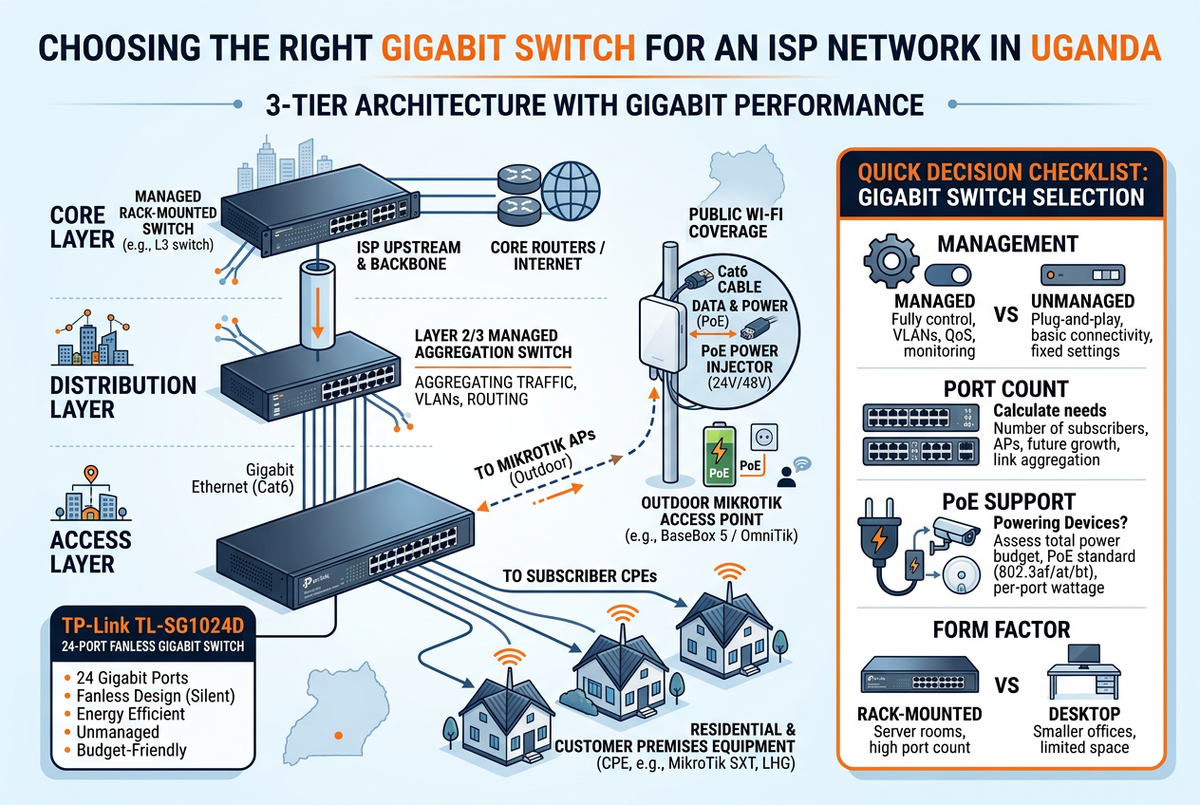How to choose the right gigabit switch for an ISP network in Uganda — three-tier core, distribution and access layer diagram with TP-Link TL-SG1024D and PoE delivery to MikroTik access points