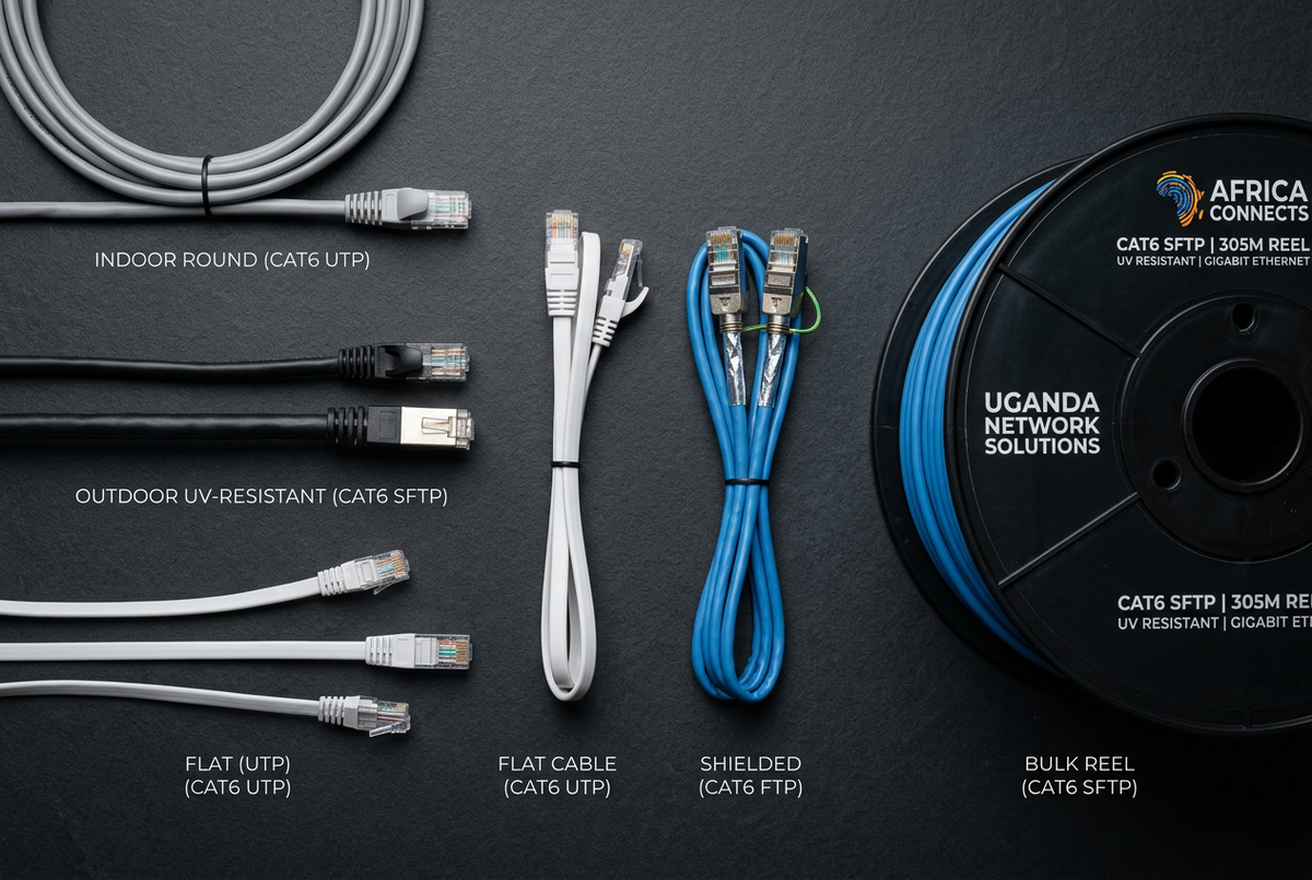 Multiple Cat6 cable variants including outdoor, shielded, flat, bulk reel and patch cables for ISP network infrastructure in Uganda and East Africa