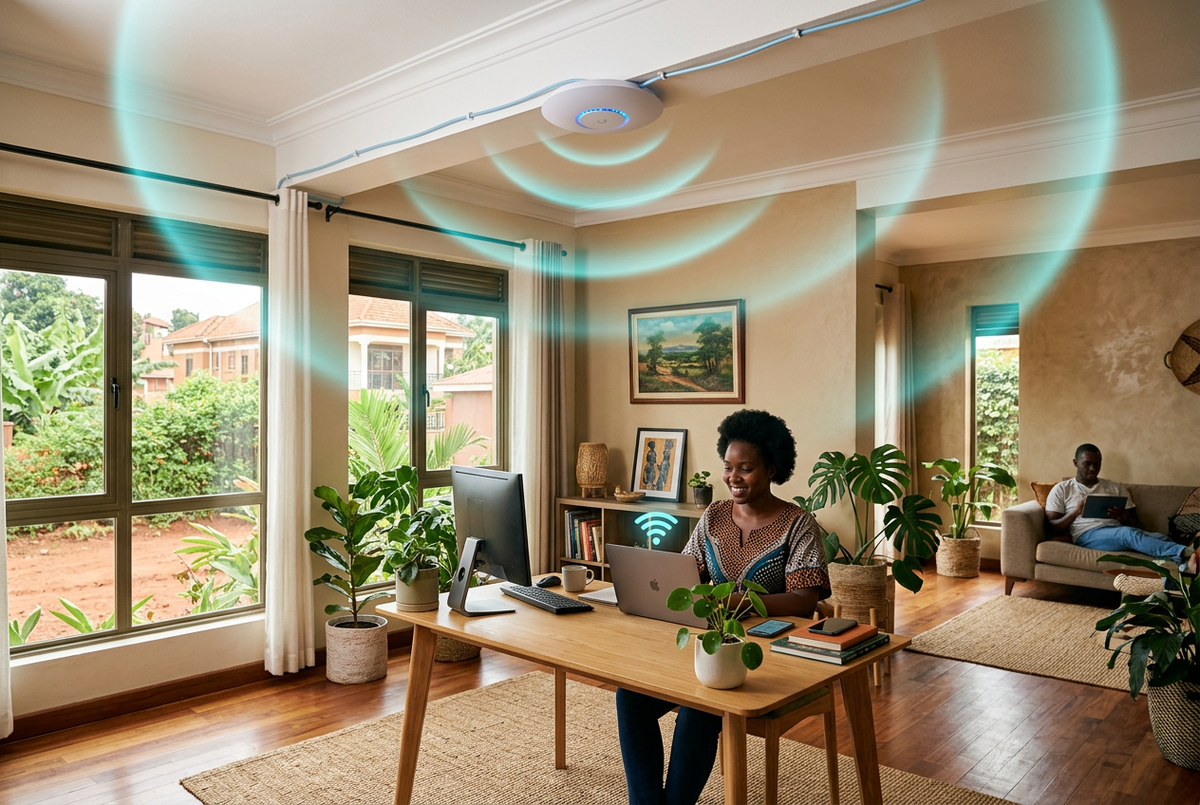 Ugandan home or office with Cat6 Ethernet backhaul cable running to a ceiling-mounted wireless access point for reliable whole-property Wi-Fi coverage