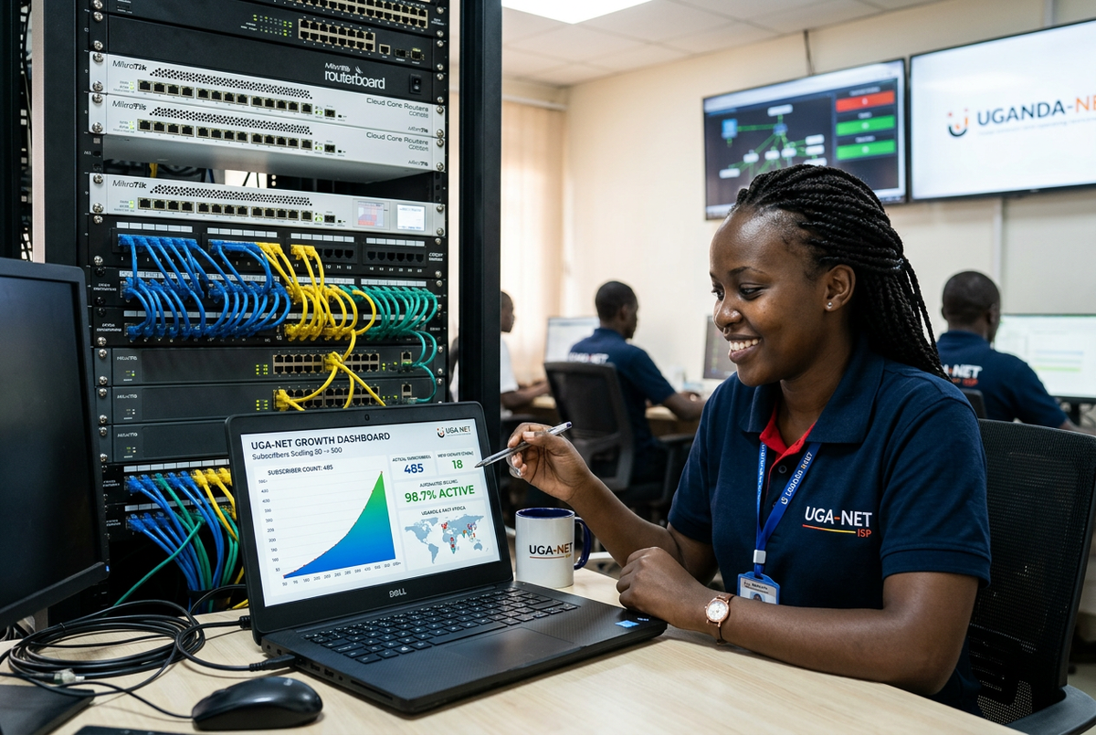 East African ISP operator reviewing a subscriber growth dashboard on a laptop showing scaling from 50 to 500 subscribers with MikroTik routers and a network rack visible in a modern NOC office background