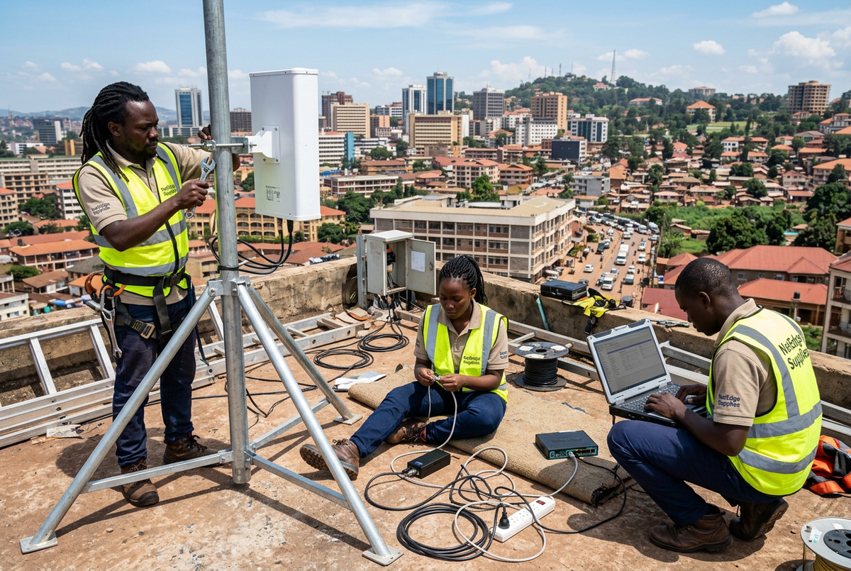"Ugandan ISP technicians on a Kampala rooftop installing a MikroTik WISP — mounting sector antenna, connecting CAT6 PoE, configuring router on laptop — NetEdge Supplies"