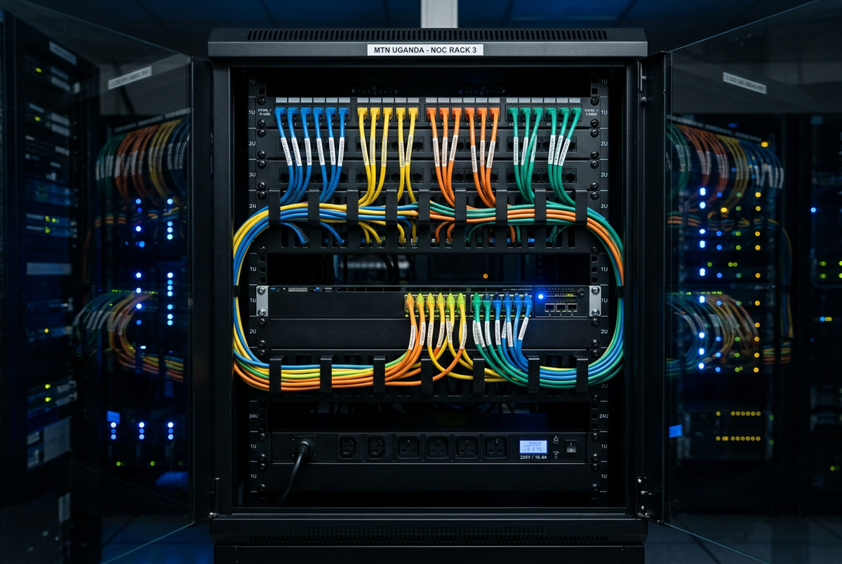 Professional network rack for ISP NOC or office in Uganda with colour-coded Cat6 patch panel, managed switch, cable management arms and labelled ports