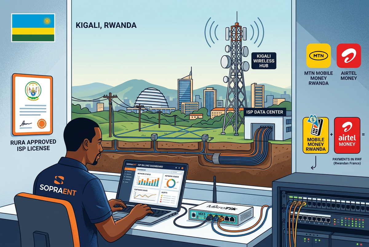 How to start an ISP in Rwanda — RURA licensing, MikroTik network hardware and Sopraent billing with MTN Mobile Money and Airtel Money integration