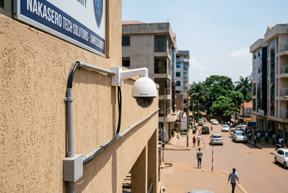 Weatherproof dome IP camera mounted on a Ugandan commercial building exterior with UV-resistant Cat6 outdoor cable running into conduit for professional CCTV installation