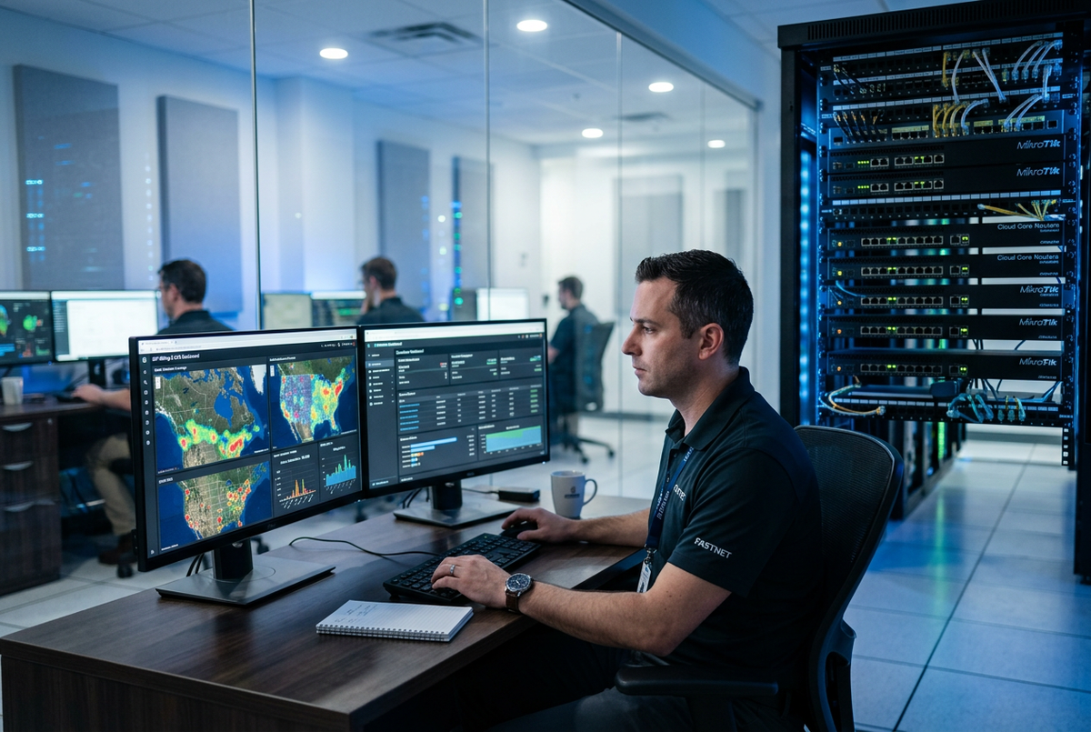 North American ISP network operations centre technician reviewing a billing software dashboard on dual monitors showing subscriber maps of Canada and the USA with MikroTik routers and rack equipment in the background