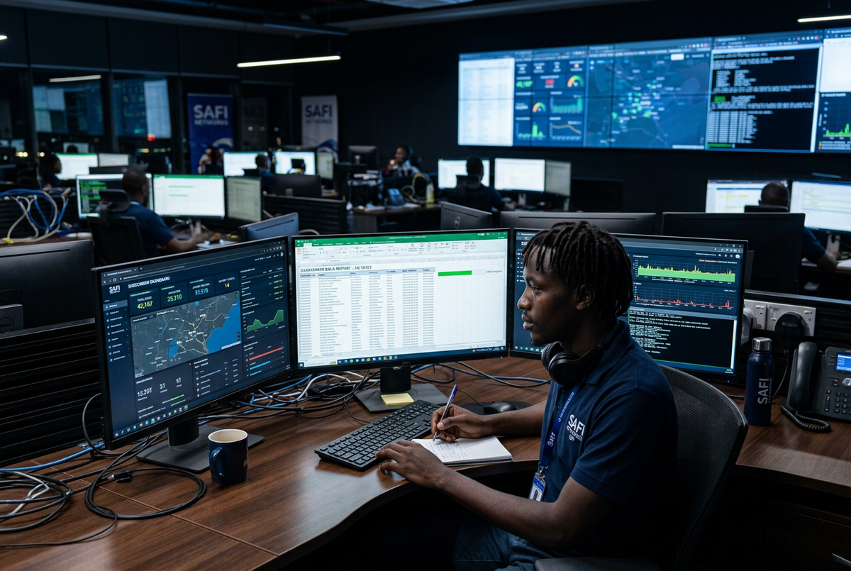 ISP technician onboarding 100 subscribers in one day using Xenfi Billing bulk import tools at a network operations centre in East Africa