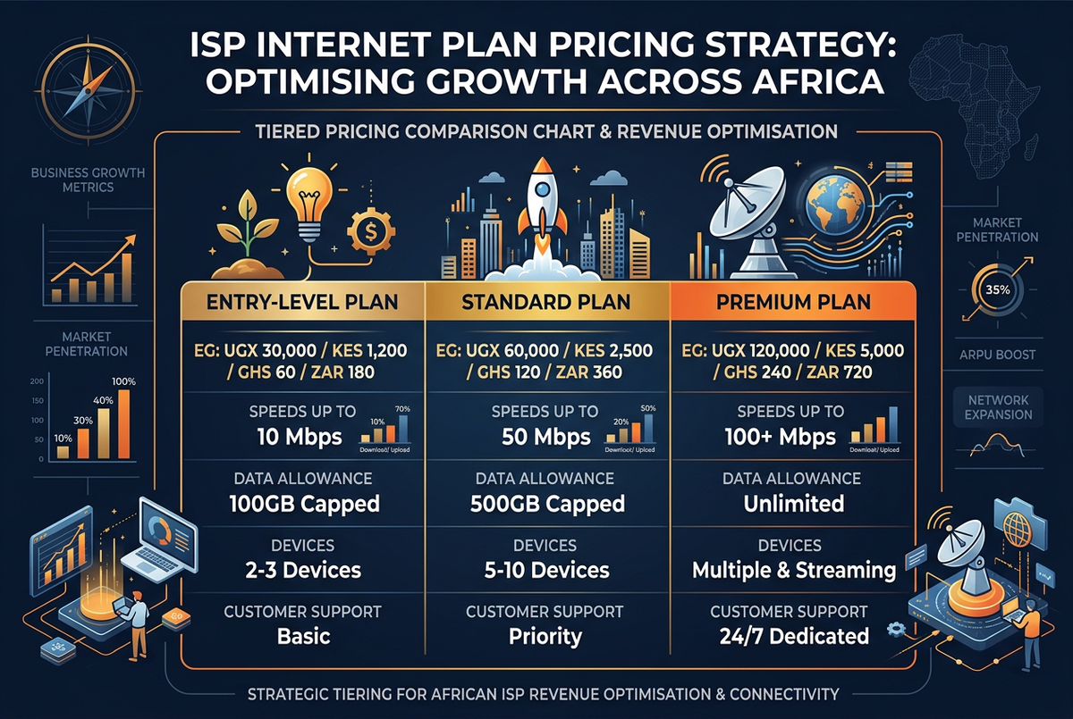 ISP internet plan pricing strategy for Africa — three-tier pricing chart for Entry, Standard and Premium plans with Uganda, Kenya, Ghana, Rwanda and South Africa currency benchmarks on dark analytics dashboard
