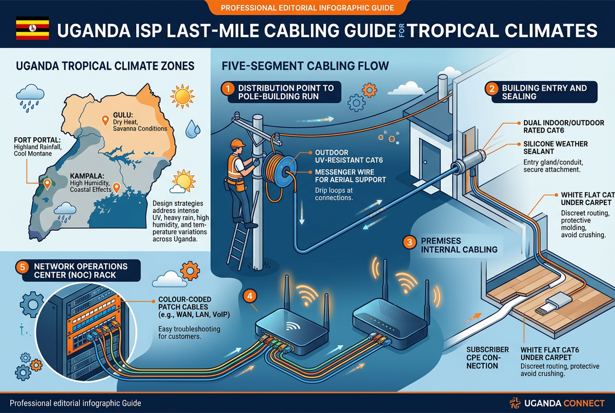 ISP last-mile cabling guide for Uganda — five-segment Cat6 cable diagram from outdoor aerial pole drop to indoor subscriber CPE, covering UV-resistant outdoor cable, silicone-sealed building entry, flat indoor run and NOC rack patching
