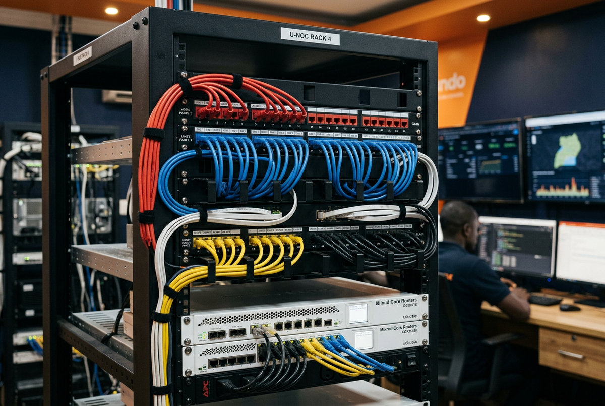 How to colour-code your ISP patch panel for Uganda networks — professional rack with red WAN uplinks, blue subscriber ports, yellow management cables, black server links, and white flat indoor patch cables with clear port labels and MikroTik routers