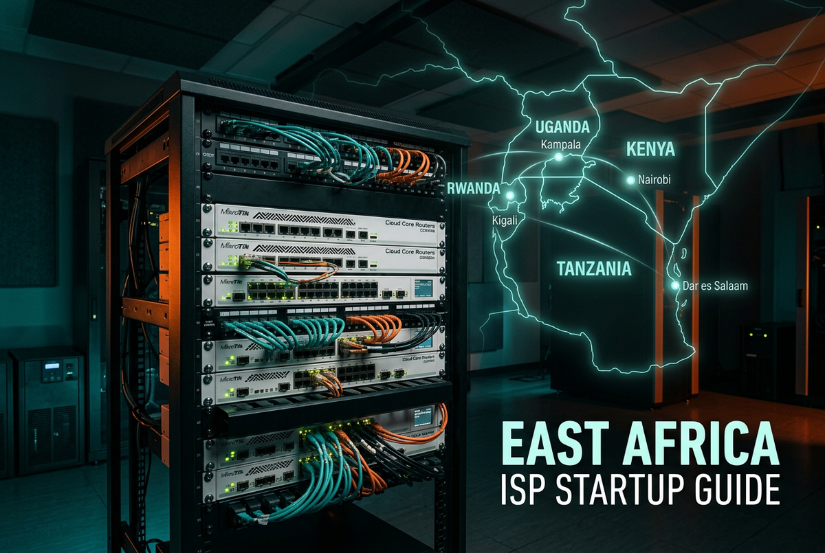 MikroTik network rack with routers and cabling in a server room with East Africa map overlay — ISP startup guide for Uganda, Kenya, Tanzania and Rwanda