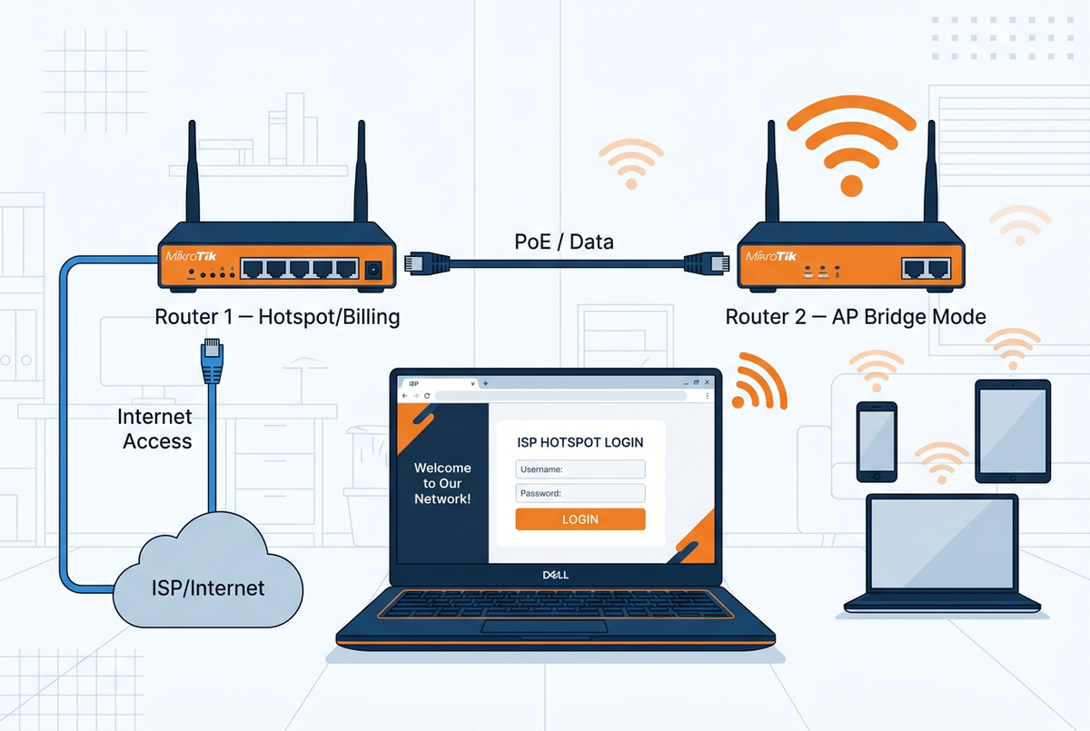 Two MikroTik routers configured in series — Router 1 as hotspot billing router and Router 2 in AP bridge mode to fix missing captive portal on ISP billing system