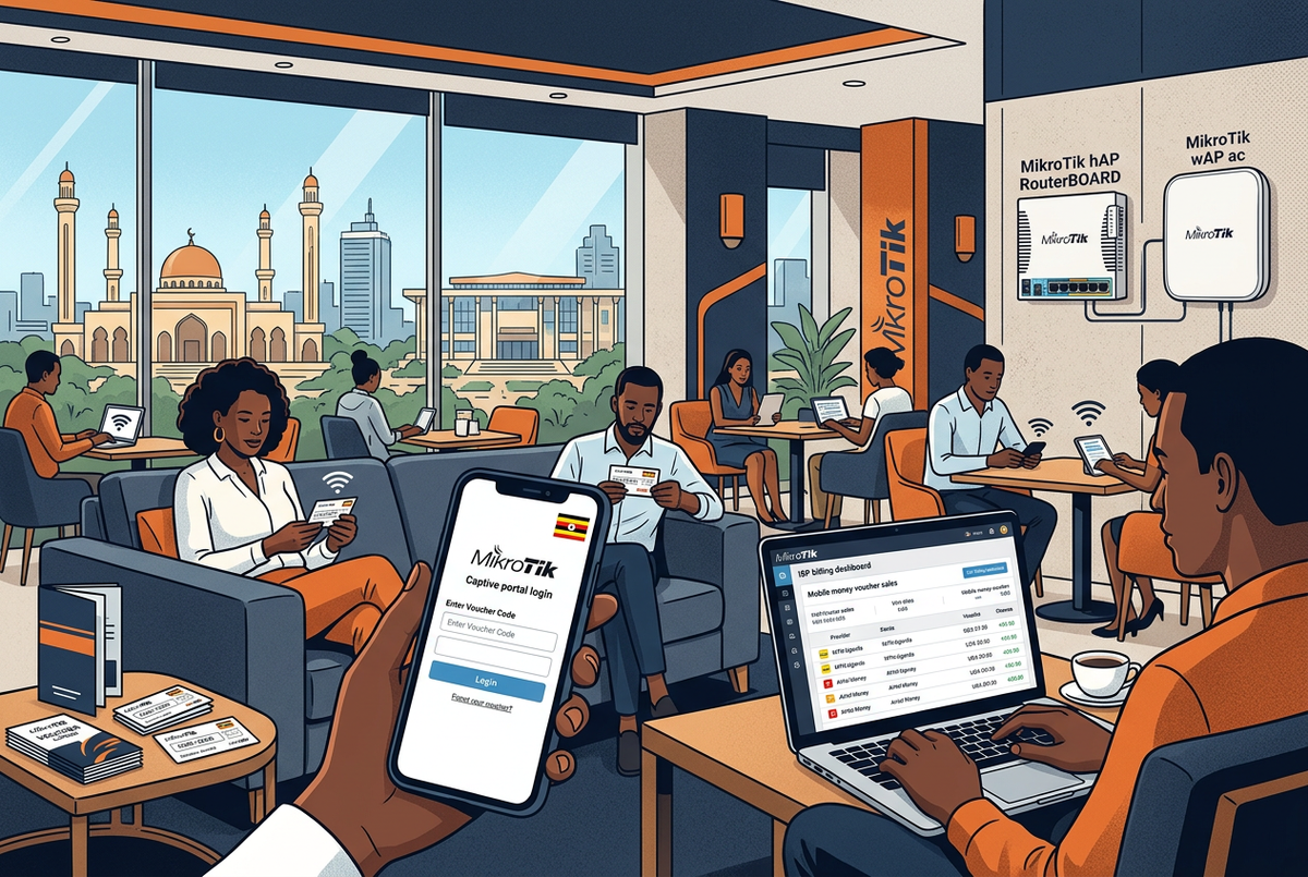 MikroTik Hotspot setup for hotels and venues in Uganda — captive portal voucher billing with hAP RouterBOARD and wAP ac access points and mobile money ISP billing in UGX