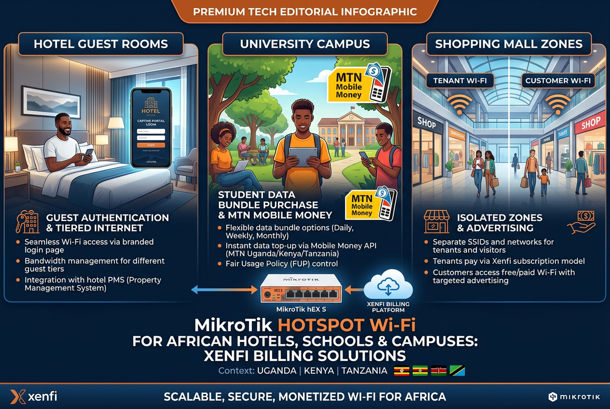 MikroTik hotspot Wi-Fi setup for African hotels, schools and campuses with Xenfi billing — hotel, university and mall venue use cases with MTN and M-Pesa mobile money integration