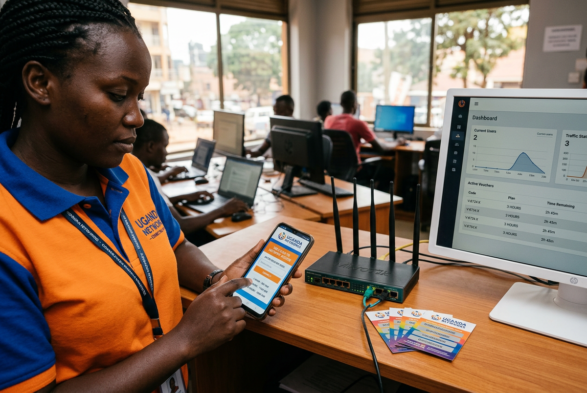 How to set up a MikroTik RouterOS hotspot with subscriber billing in Uganda — captive portal login on mobile, voucher codes, bandwidth plans, and automated billing dashboard for ISP and WiFi hotspot operators