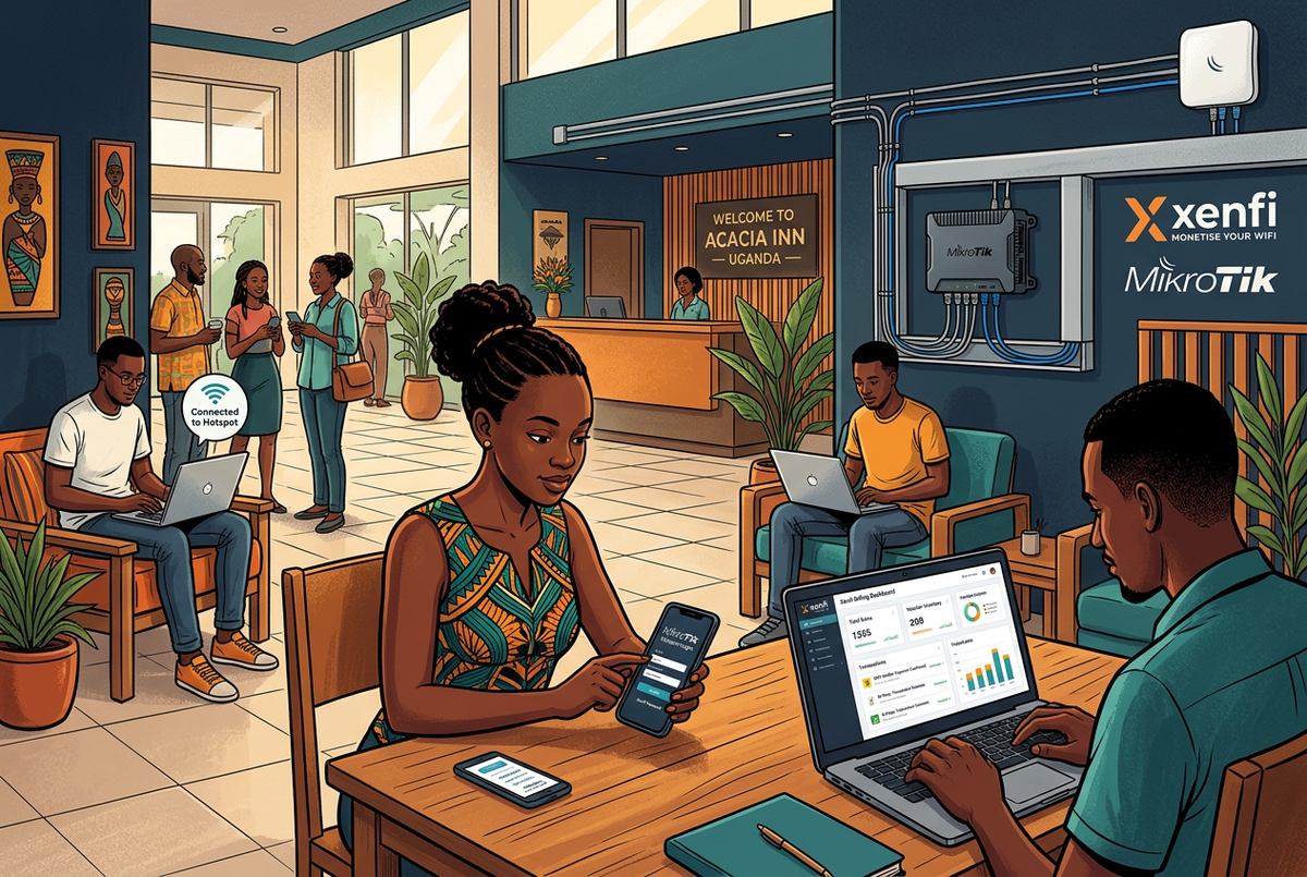 MikroTik Hotspot monetisation with Xenfi billing in Uganda, Kenya and Ghana — captive portal Wi-Fi with MTN MoMo and M-Pesa voucher payments for hotels and hostels