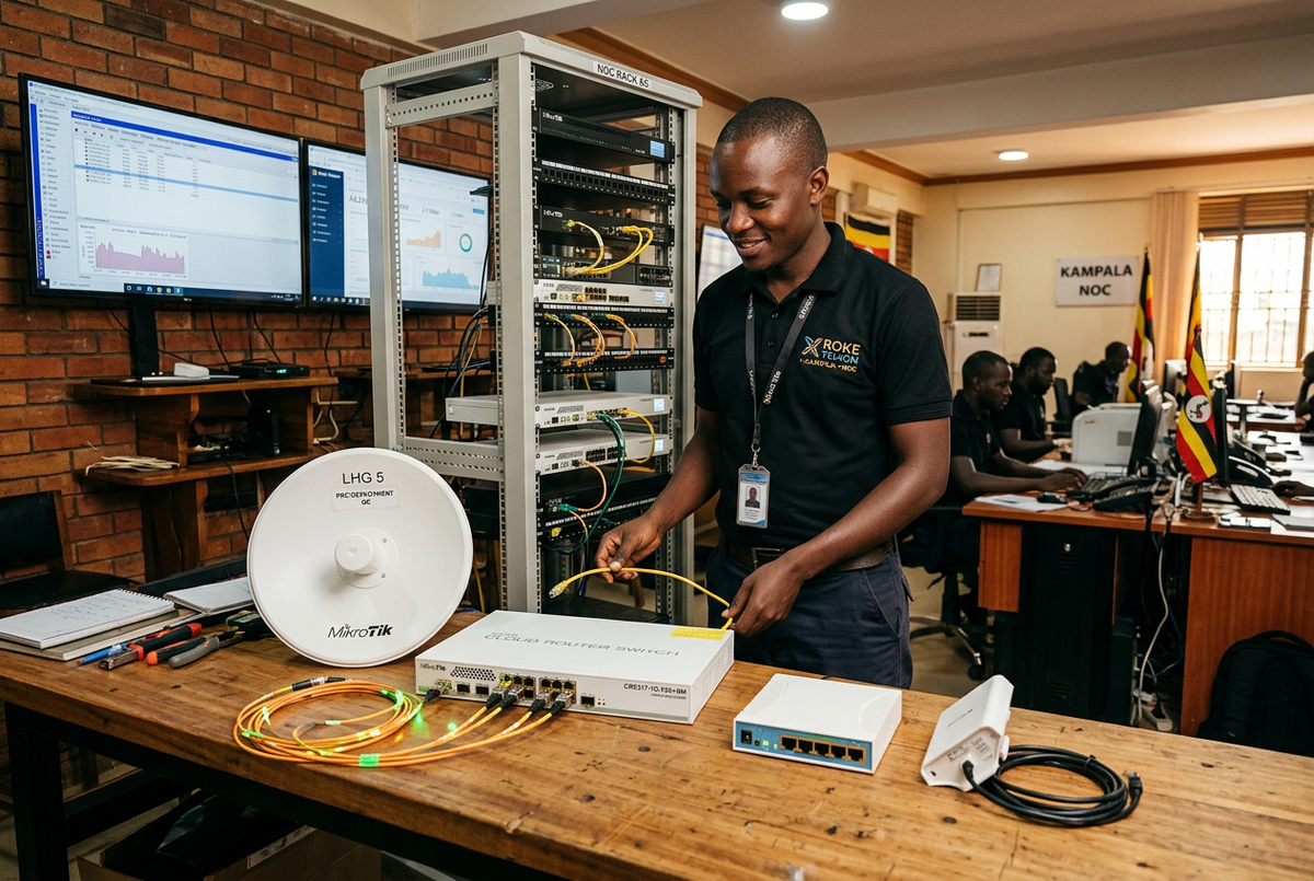 Ugandan ISP technician inspecting MikroTik ISP Starter Kit devices — fibre switch, hAP ax lite router, LHG dish, and sector antenna — on a workbench in a Kampala network operations office — NetEdge Supplies
