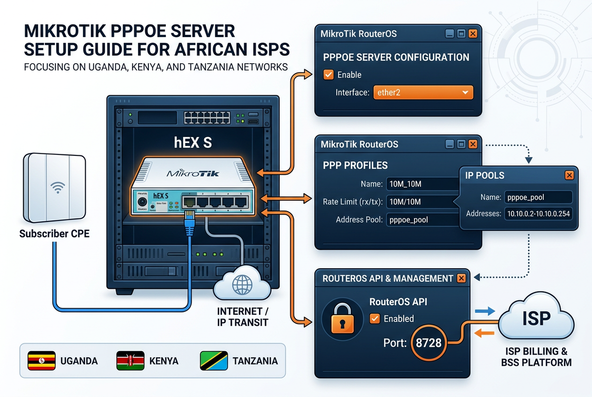 MikroTik PPPoE server setup for African ISPs — RouterOS PPPoE configuration with bandwidth profiles, IP pools and ISP billing API integration for Uganda, Kenya and Tanzania
