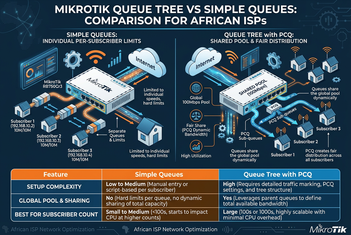 MikroTik Queue Tree vs Simple Queues for African ISPs — per-subscriber Simple Queue limits compared to Queue Tree PCQ shared bandwidth pool for fair distribution across 100+ subscribers