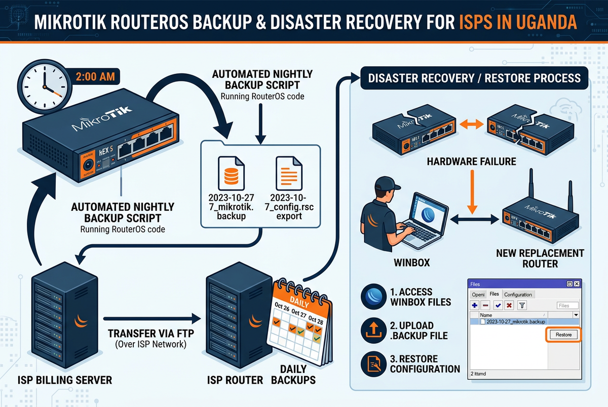 MikroTik RouterOS automated backup and disaster recovery for ISPs in Uganda — nightly scheduled backup script generating .backup and .rsc export files transferred to ISP billing server via FTP