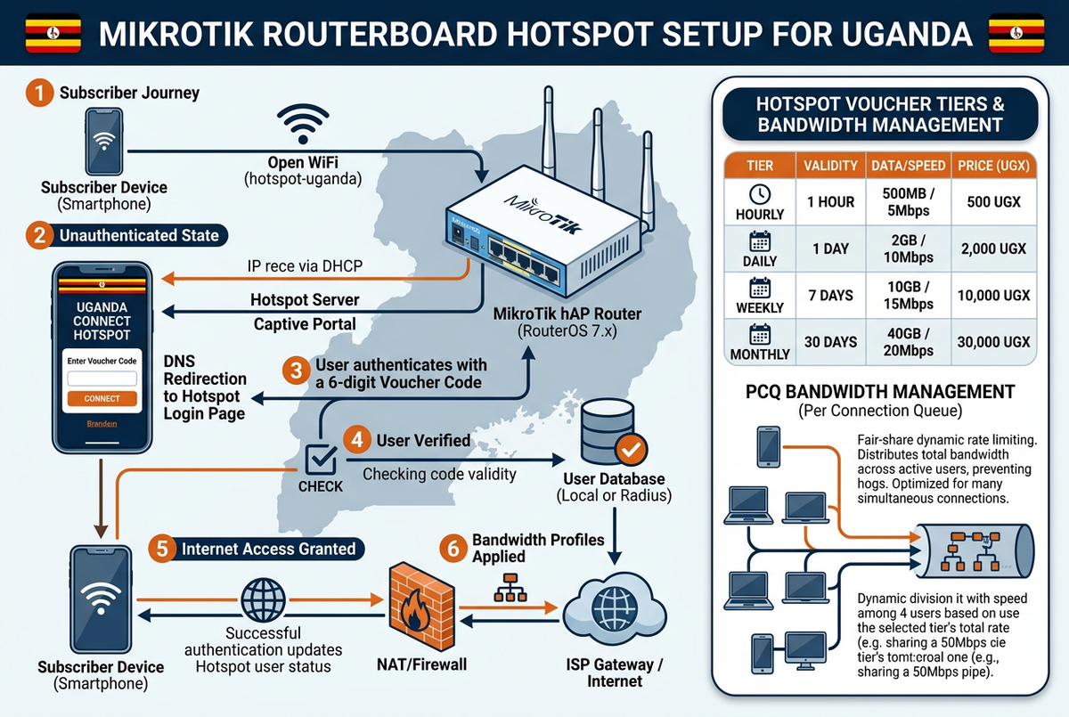 MikroTik RouterOS Hotspot Setup Guide — Captive Portal, Vouchers & Bandwidth Limits