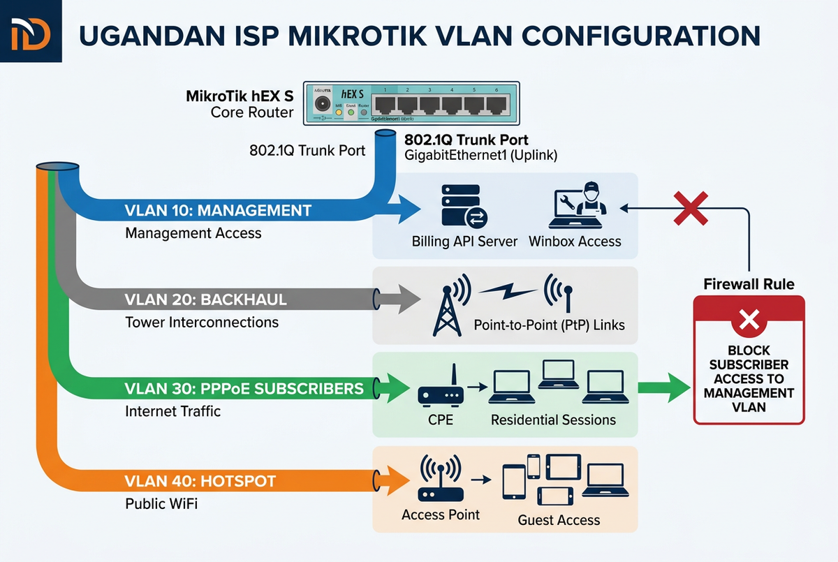 MikroTik VLAN configuration for ISPs in Uganda — colour-coded VLAN segments separating subscriber, management, backhaul and hotspot traffic on a single 802.1Q trunk uplink