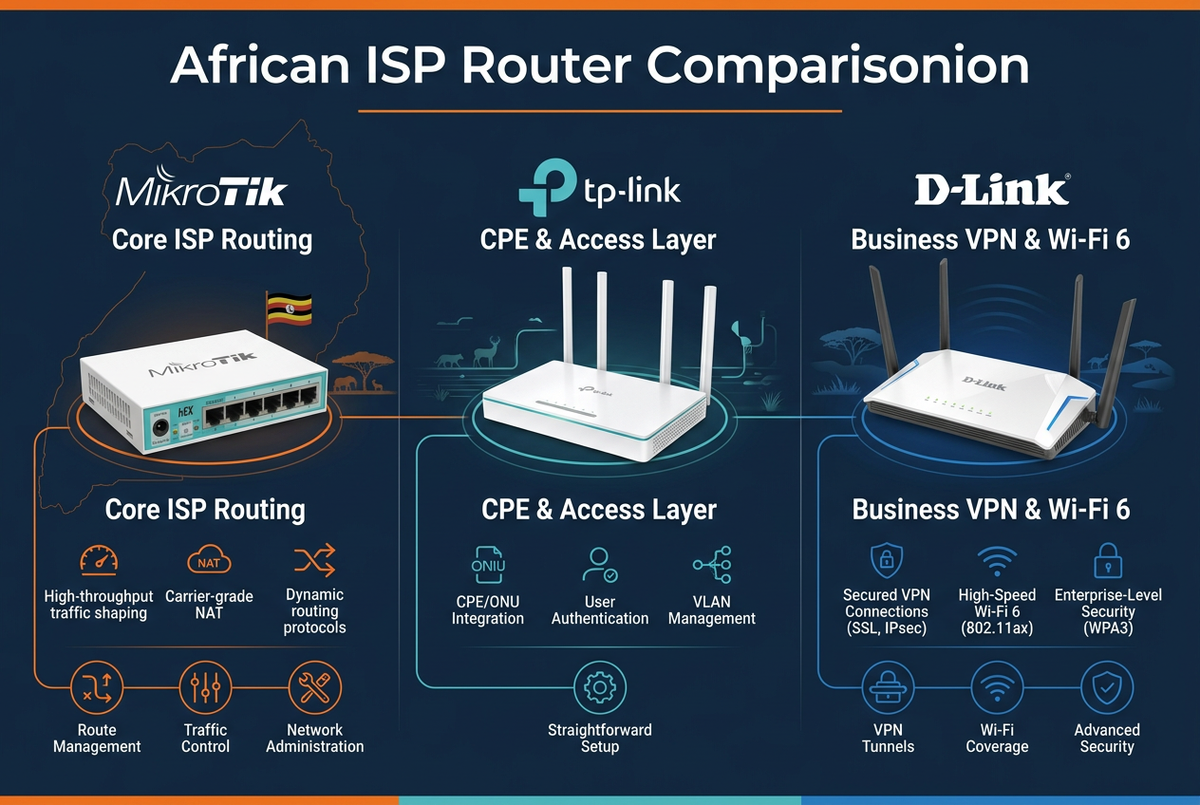 MikroTik vs TP-Link vs D-Link router comparison for East African ISPs — MikroTik hEX for core ISP routing, TP-Link for CPE and access layer, D-Link for business VPN and Wi-Fi 6 deployments