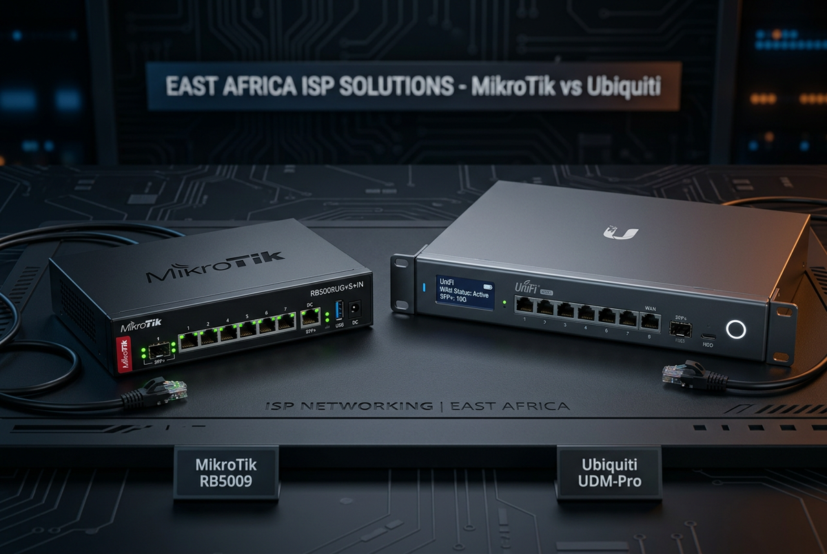 MikroTik and Ubiquiti routers side by side for ISP network comparison in Uganda