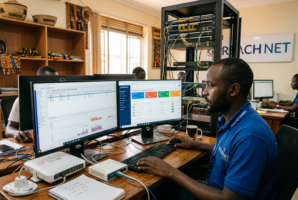 Ugandan ISP technician comparing MikroTik wAP ac outdoor access point and hAP ax lite Wi-Fi 6 router on a desk in a Kampala network operations office — NetEdge Supplies