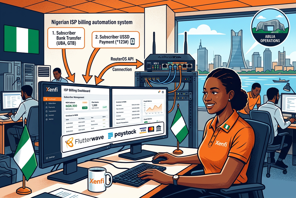 Nigerian ISP billing automation in Lagos and Abuja — Xenfi billing dashboard in NGN with Flutterwave and Paystack integration and MikroTik RouterOS API