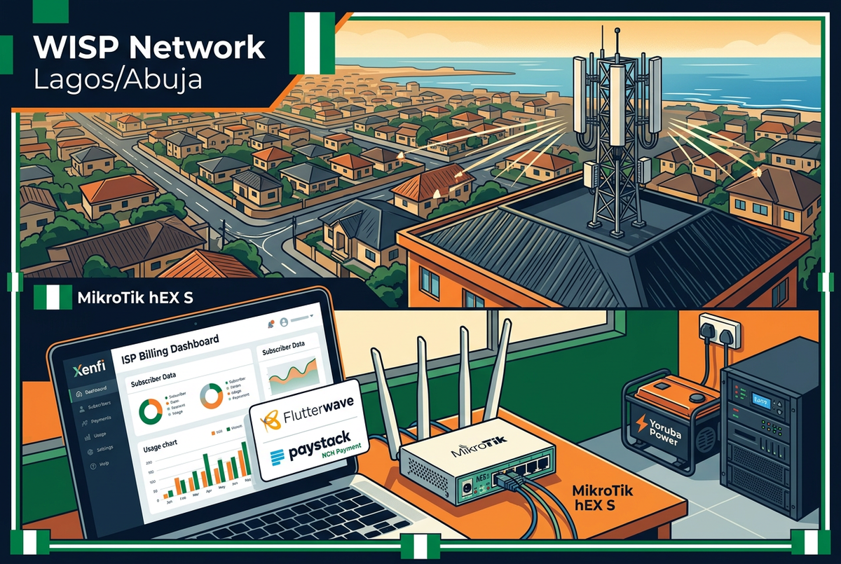 Nigerian WISP network design for Lagos and Abuja — MikroTik rooftop base station with Xenfi ISP billing and Flutterwave NGN payments