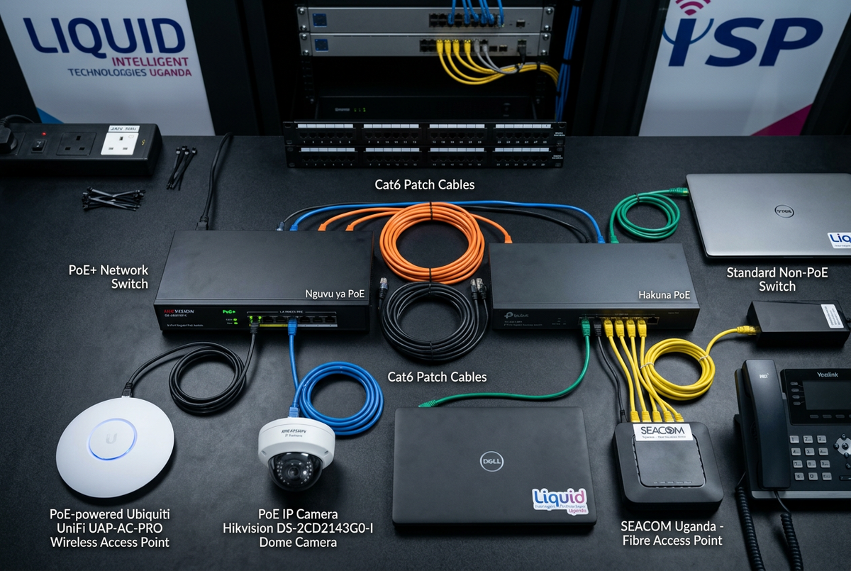 PoE switch and standard non-PoE switch comparison with Cat6 patch cables, PoE wireless access point and IP camera for ISP and office networks in Uganda